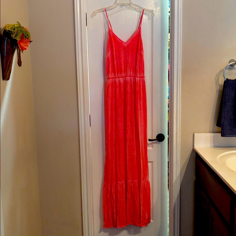 Gypsy 05 Ruffle Hem Maxi Silk Blend Dress in Coral Pink S